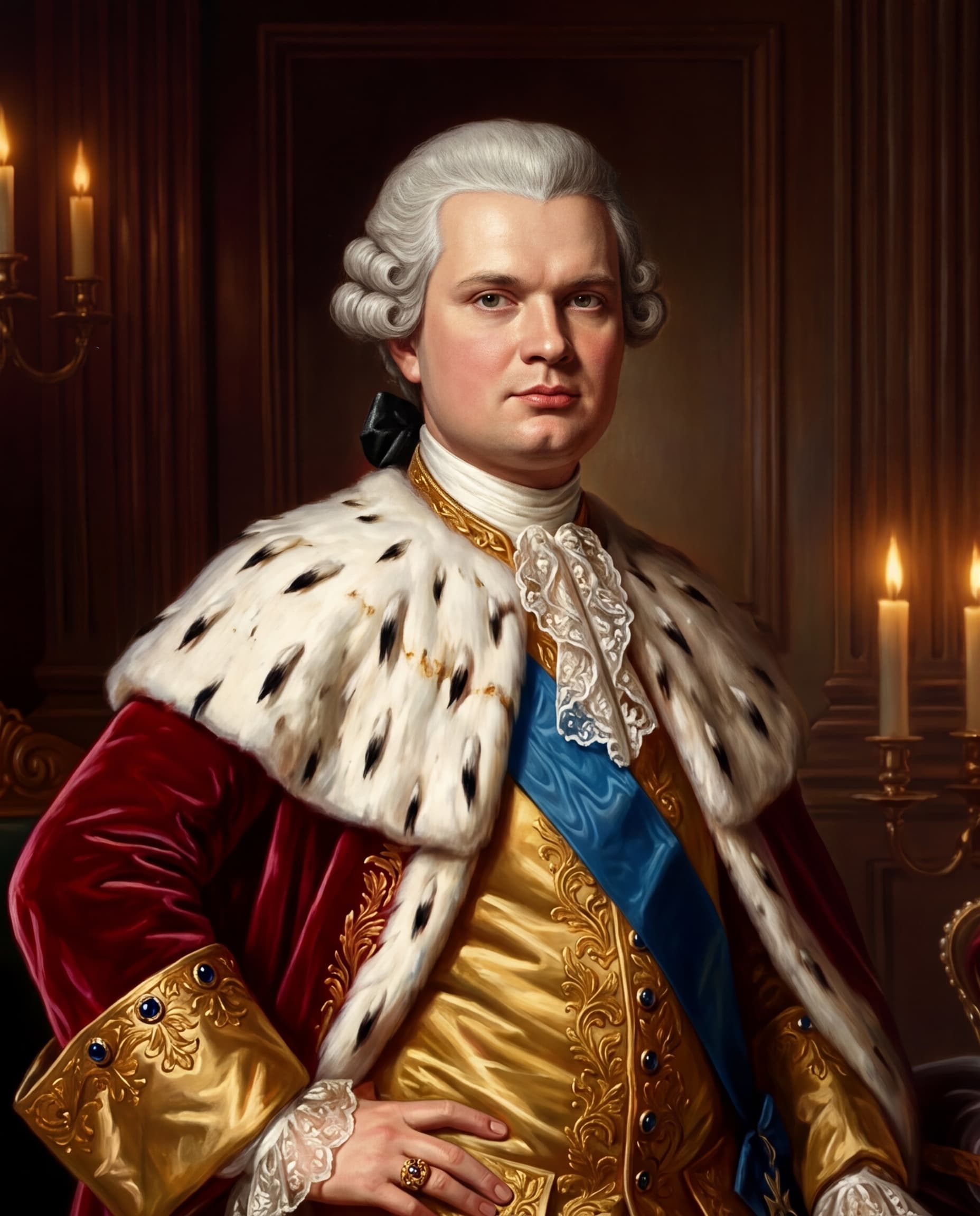 AI generated royal portrait in a dark walnut frame