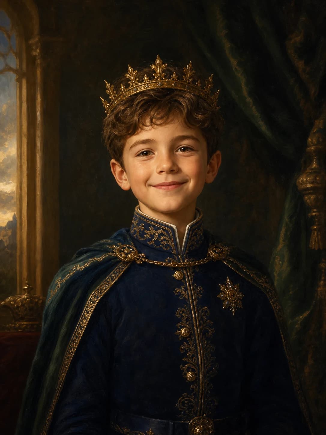 Classical oil portrait of a boy reimagined in the Little Prince Regal style