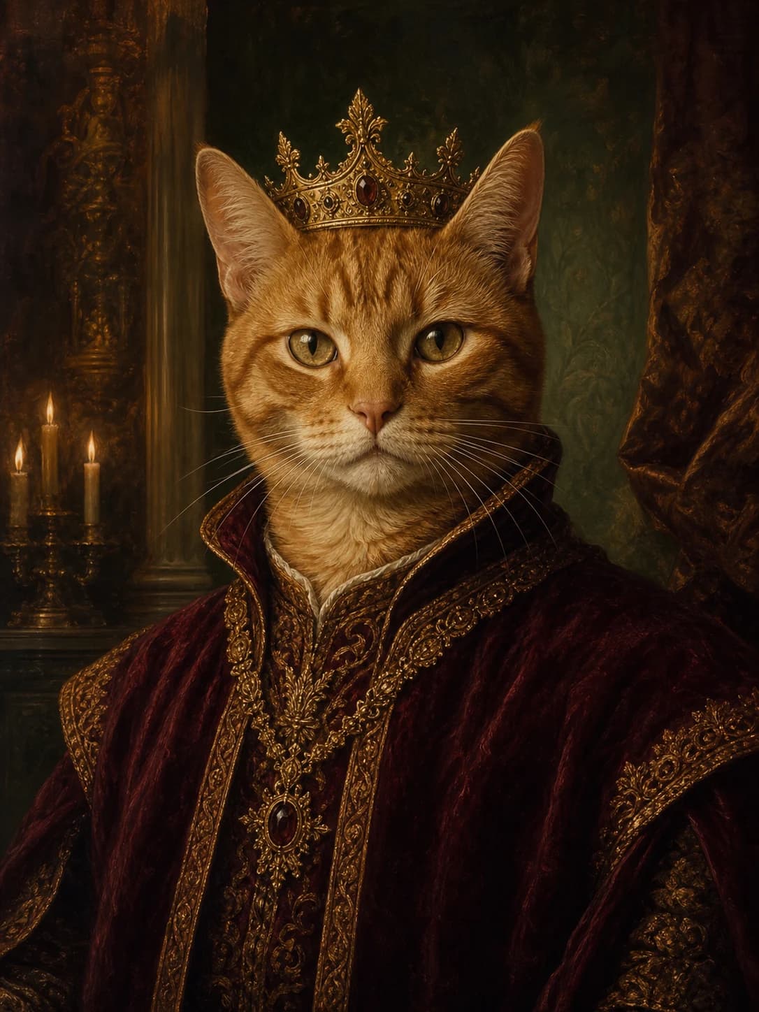 Renaissance oil portrait of an orange tabby cat reimagined as a crowned royal monarch