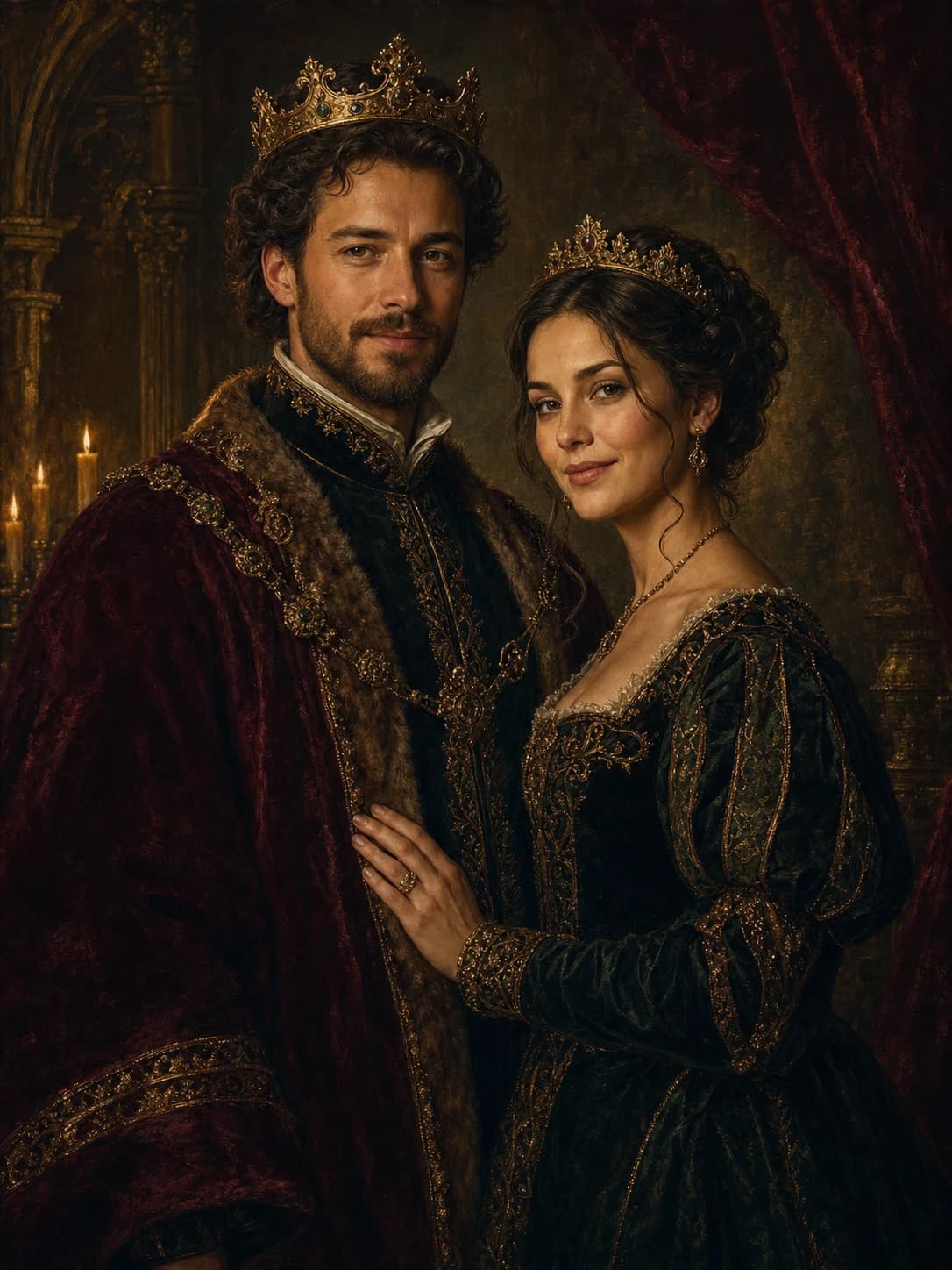 Renaissance oil portrait of a loving couple reimagined as a king and queen