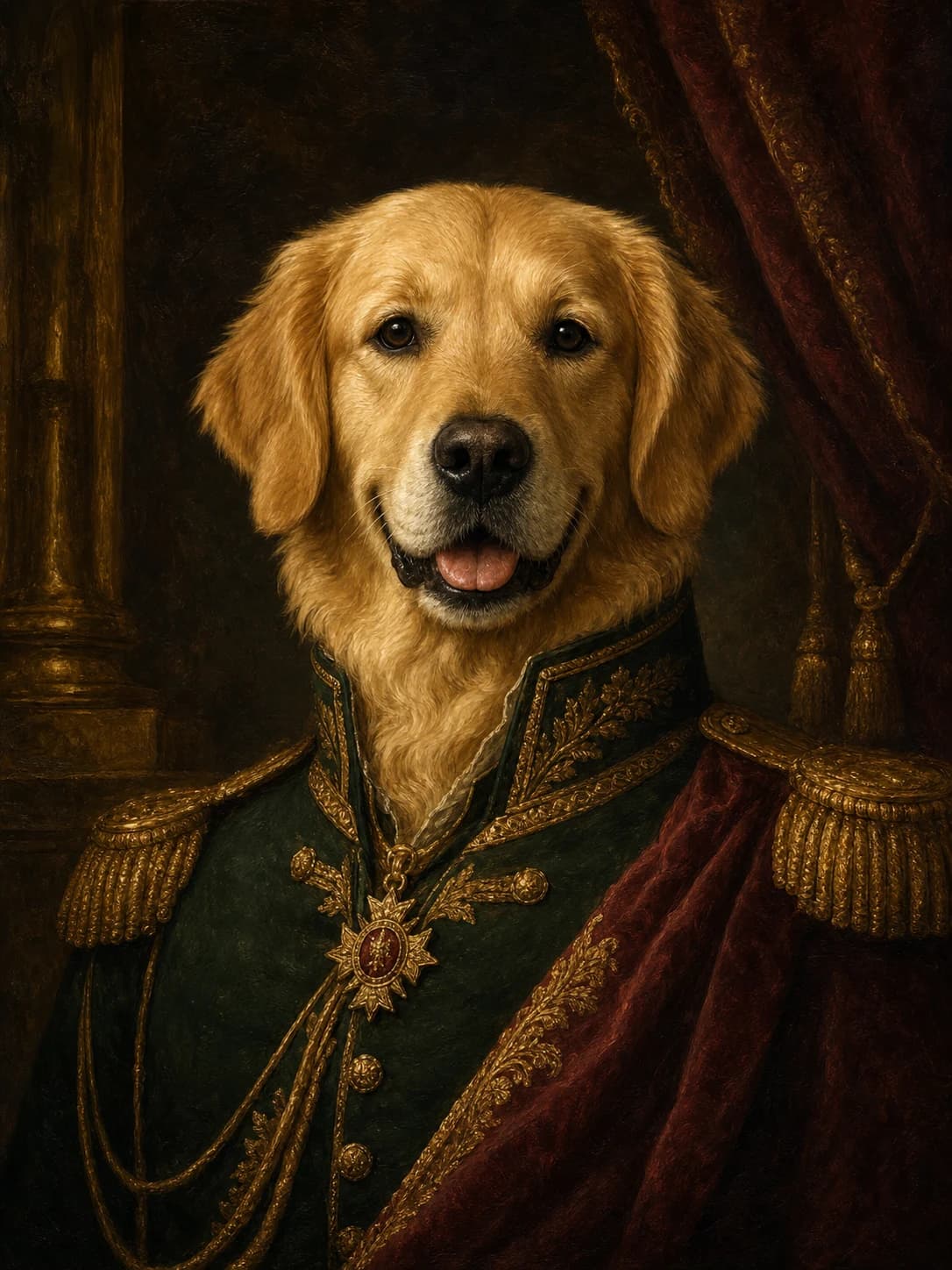 Renaissance oil portrait of a golden retriever reimagined as a royal commander