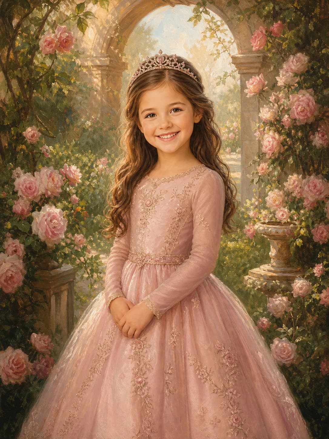 Storybook oil portrait of a girl reimagined in the Rose Garden Princess style