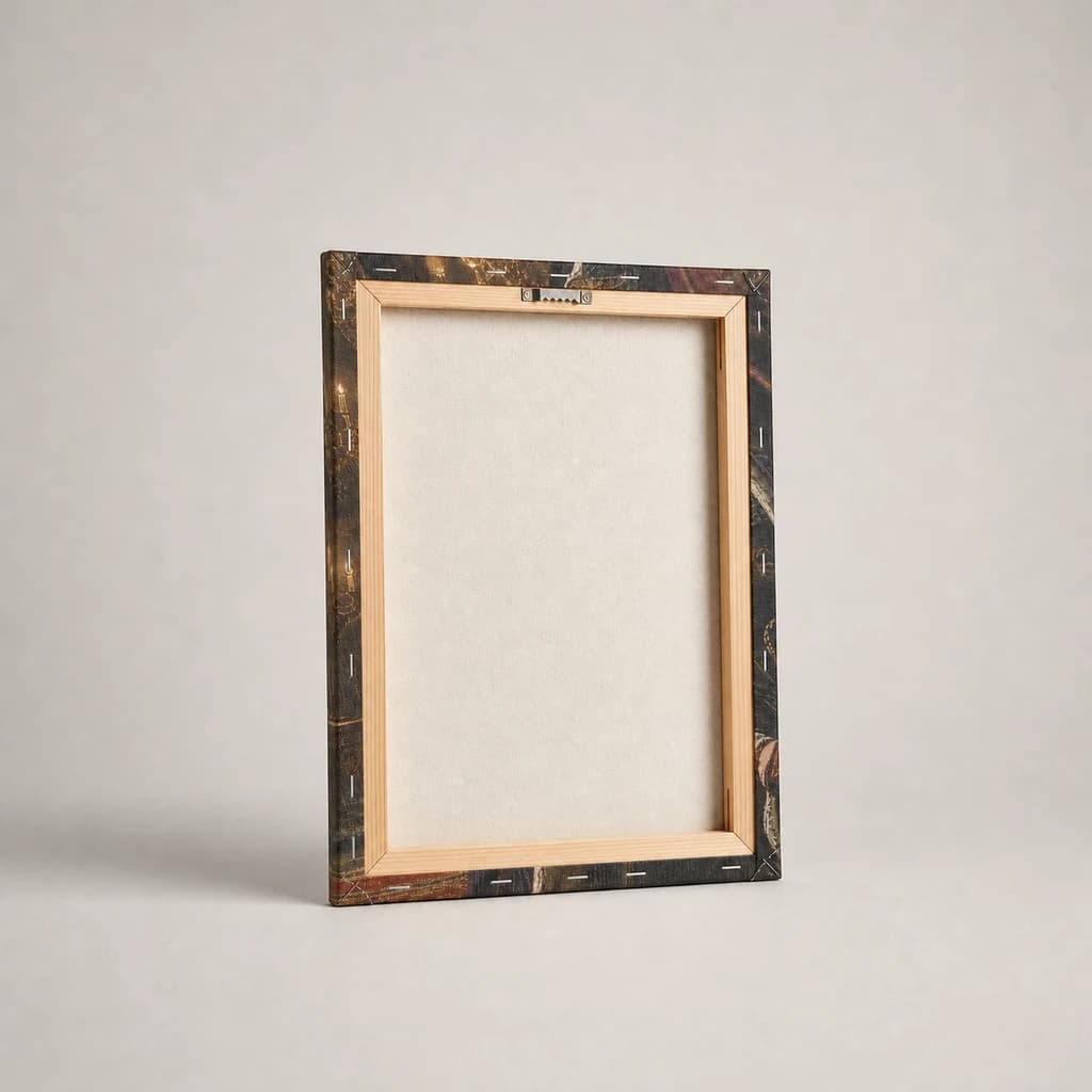 Back of a stretched canvas showing the solid wood frame and hanging hardware