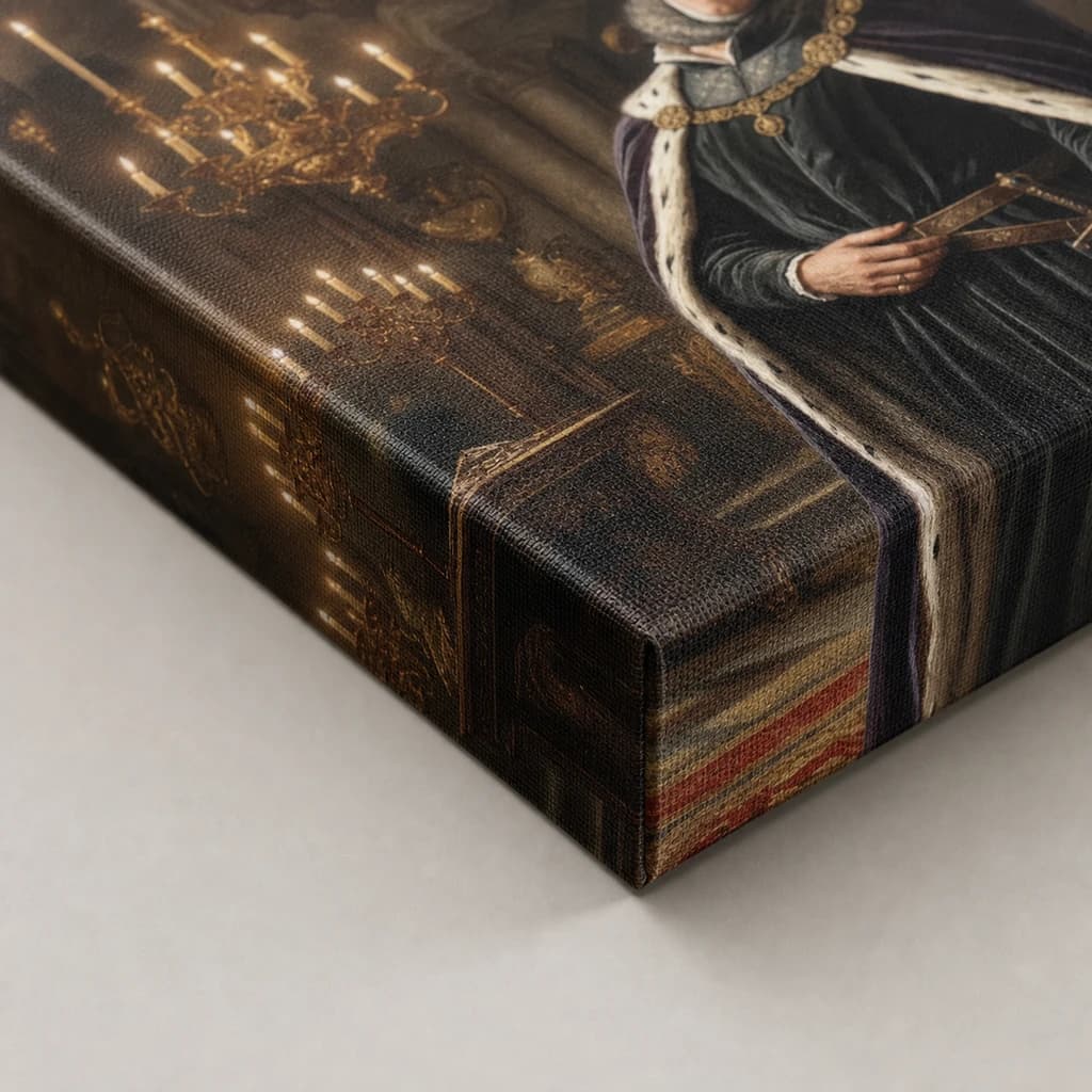 Close up of a gallery wrapped canvas corner with the artwork wrapping around the edge